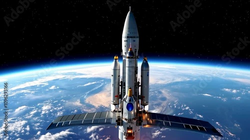 Space rocket take off from Earth. Spacecraft in sky. Mission on Moon of spacecraft. Spaceship take off. Space program.