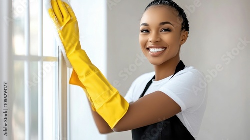 Smiling Women Cleaning Windows with Yellow Gloves and Cloth