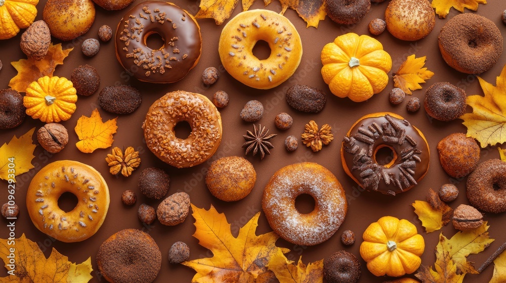 Flat lay of colorful fall doughnuts in rich brown and yellow tones, highlighted by pumpkin spice accents, surrounded by autumn leaves and mini pumpkins. Flat lay of colorful fall doughnuts in rich brown and yellow tones, highlighted by pumpkin spice accents, surrounded by autumn leaves and mini pumpkins.