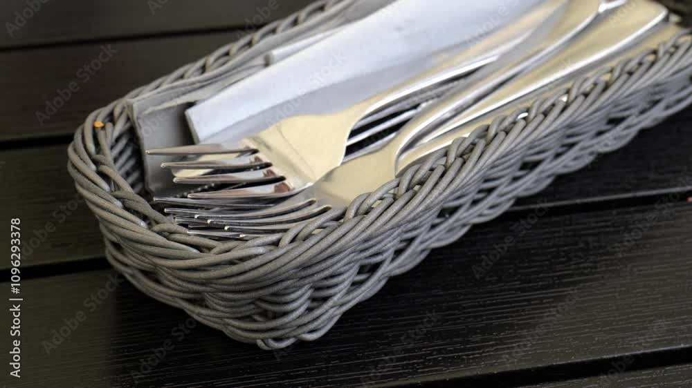 Cutlery set in a woven basket on dark table in premium restaurant setting, fine dining utensils with silver forks and knives, tableware arrangement for upscale meal, hospitality and elegance concept Cutlery set in a woven basket on dark table in premium restaurant setting, fine dining utensils with silver forks and knives, tableware arrangement for upscale meal, hospitality and elegance concept
