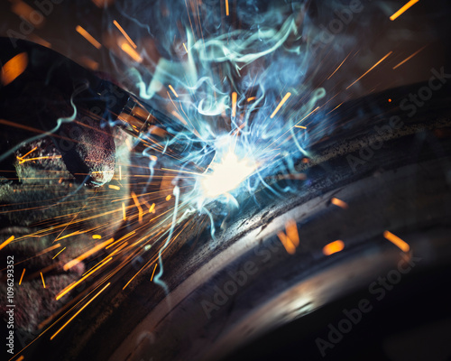 worker welding with sparks in the factory