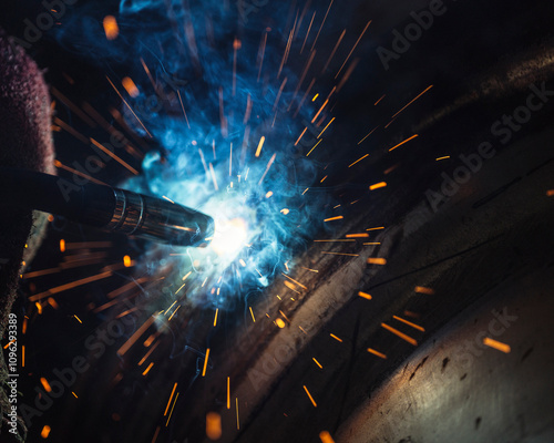 worker welding with sparks in the factory
