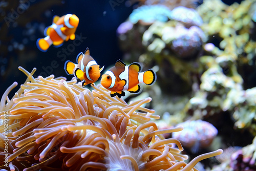 Fantastically beautiful bright clownfish swims in deep sea among corals