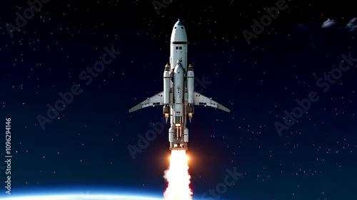 Space rocket take off from Earth. Spacecraft in sky. Mission on Moon of spacecraft. Spaceship take off. Space program.