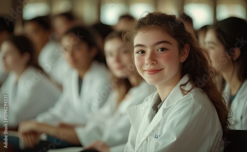 A group of young medical students sitting in a university lecture hall, smiling and wearing white coats while listening to their professor's speech.