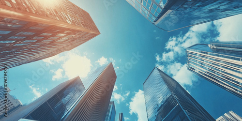 Modern Skyline with High-Rise Office Buildings under Blue Sky