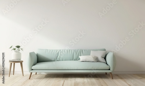 A light green sofa with wooden legs sits in front of a white wall with a wooden side table. a pot plant. a rug. and a hanging lamp