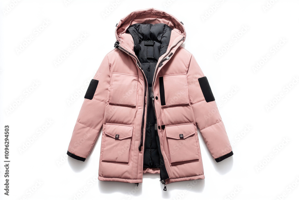 Pink parka coat with hood and black accents on white background for winter fashion themes