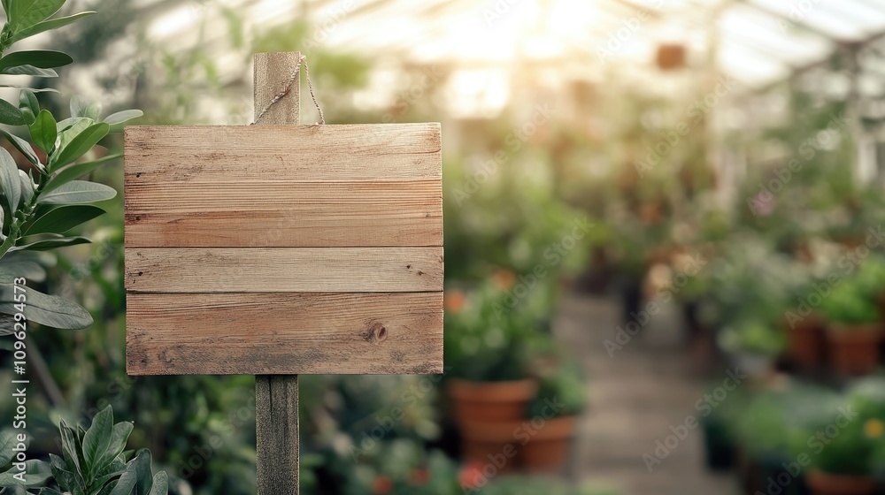 Fototapeta premium Empty wooden signs in a blurred greenhouse setting, surrounded by plants and sunlight, offering ample copy space for text.