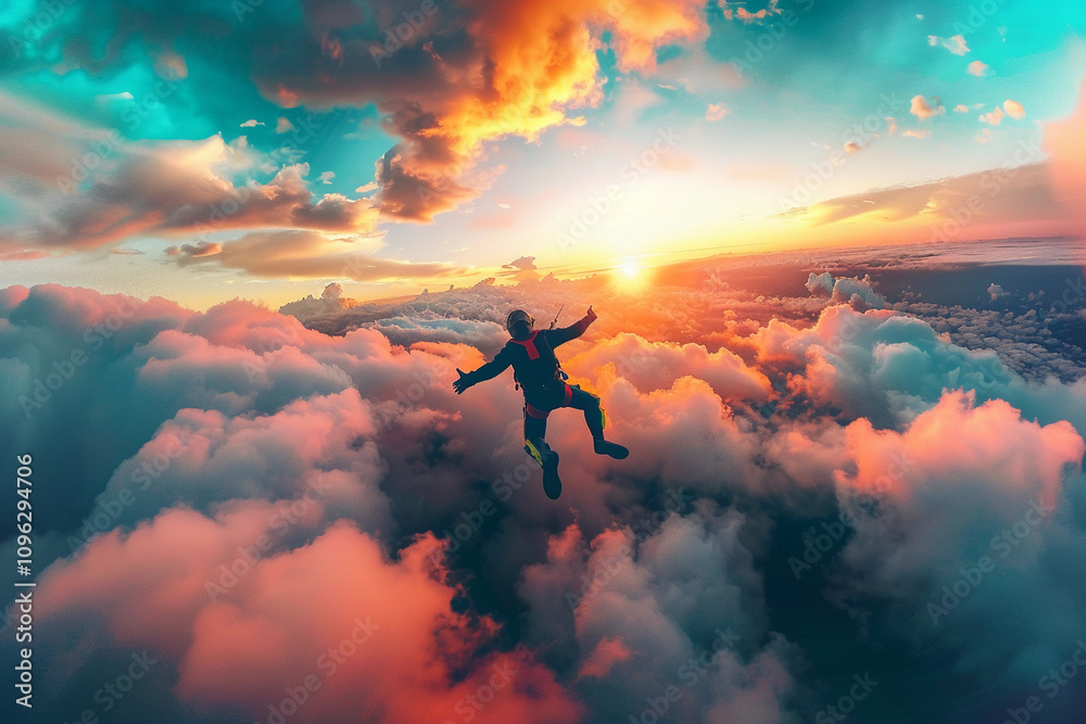 Parachutist with parachute makes heavenly adventure against on landscape Parachutist with parachute makes heavenly adventure against on landscape