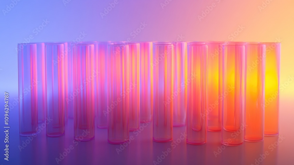 Colorful plastic test tubes arranged in a gradient pattern, reflecting vibrant hues of pink, orange, and blue lights, creating a visually striking scientific display. Colorful plastic test tubes arranged in a gradient pattern, reflecting vibrant hues of pink, orange, and blue lights, creating a visually striking scientific display.