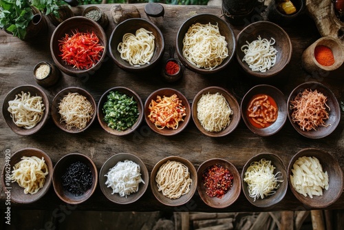 outdoor noodle buffet, noodle bowls in a peaceful outdoor setting, served with a variety of sauces amidst natural surroundings photo