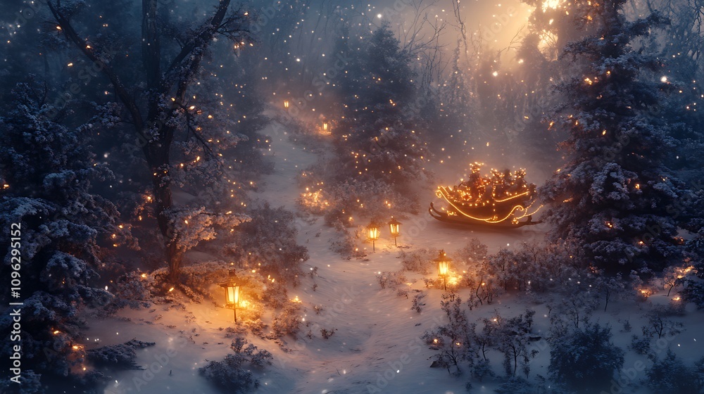 Obraz premium A magical forest scene featuring a trail lit by glowing lanterns, snow-covered trees, and a sleigh filled with presents ready for delivery