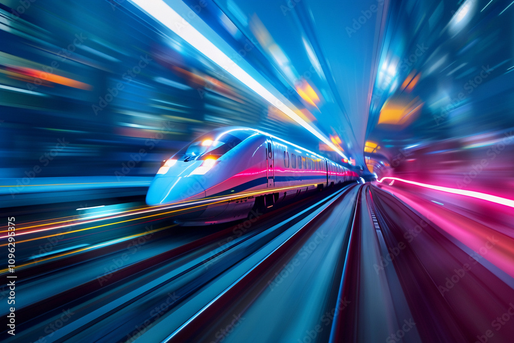 Modern high-speed train in fast motion passes through railway stations Modern high-speed train in fast motion passes through railway stations