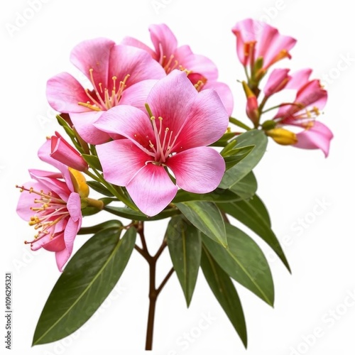 Oleander flowers, isolated against a white background with a focus on a pink flower. Generated by AI.