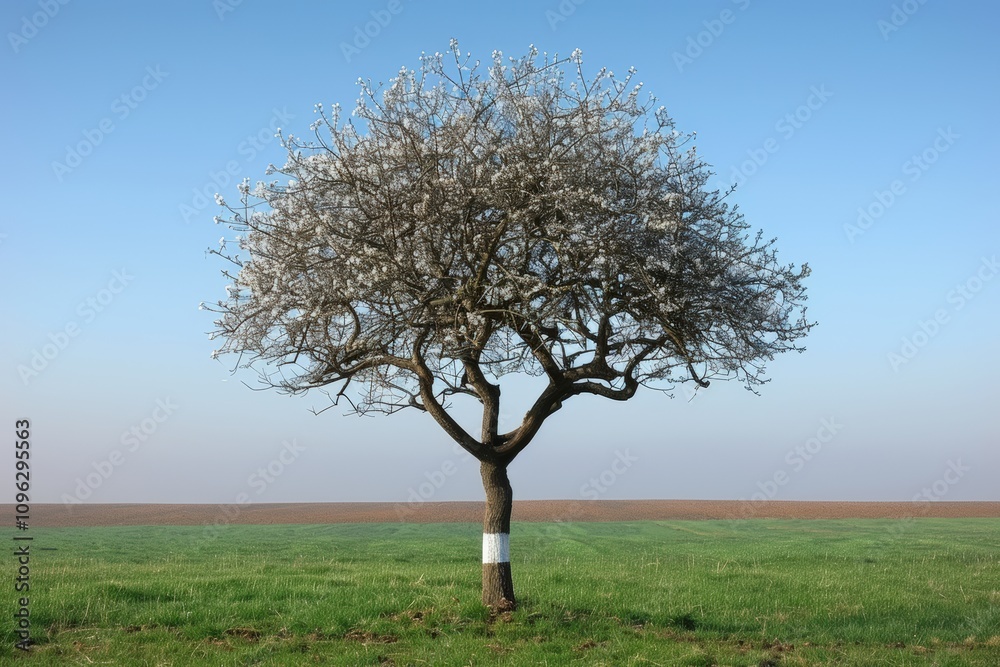 Blossoming tree in expansive field nature observation open landscape tranquil environment minimalist viewpoint seasonal change Blossoming tree in expansive field nature observation open landscape tranquil environment minimalist viewpoint seasonal change