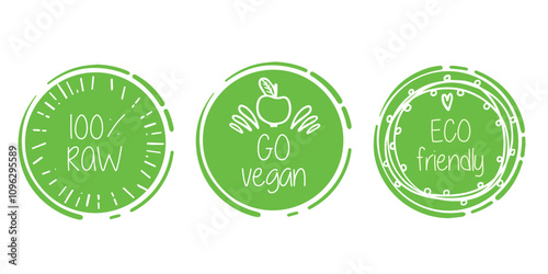 Set of eco-friendly and vegan circular badges with text '100% raw,' 'Go vegan,' and 'Eco friendly.'