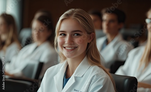 A group of young students in white coats, sitting at desks and smiling during a lecture on the medical university campus