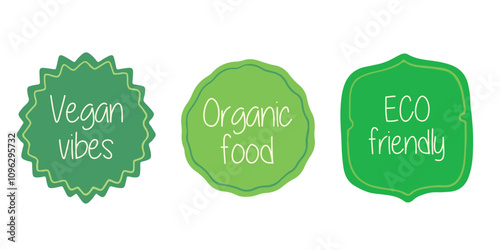 Set of eco-friendly and vegan circular badges with text '100% raw,' 'Go vegan,' and 'Eco friendly.'