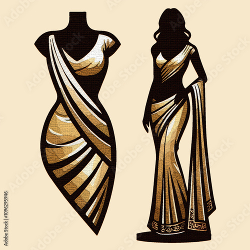 Elegant Modern Saree Silhouette Logo Design in Golden Gradient for Fashion Branding