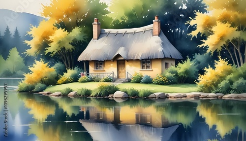 Watercolor painting of a cozy cottage a thatched roof by a serene lake, surrounded by green trees.