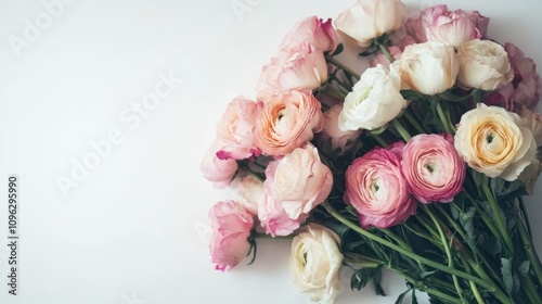 Fresh bouquet of pastel roses arranged artistically on a clean white surface, perfect for a feminine workspace or uplifting office decor. photo