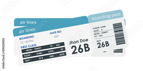 Set of airline boarding passes with seat numbers and flight details.