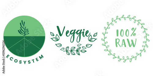 Set of green vegan badges with 'Ecosystem,' 'Veggie,' and '100% Raw' text.