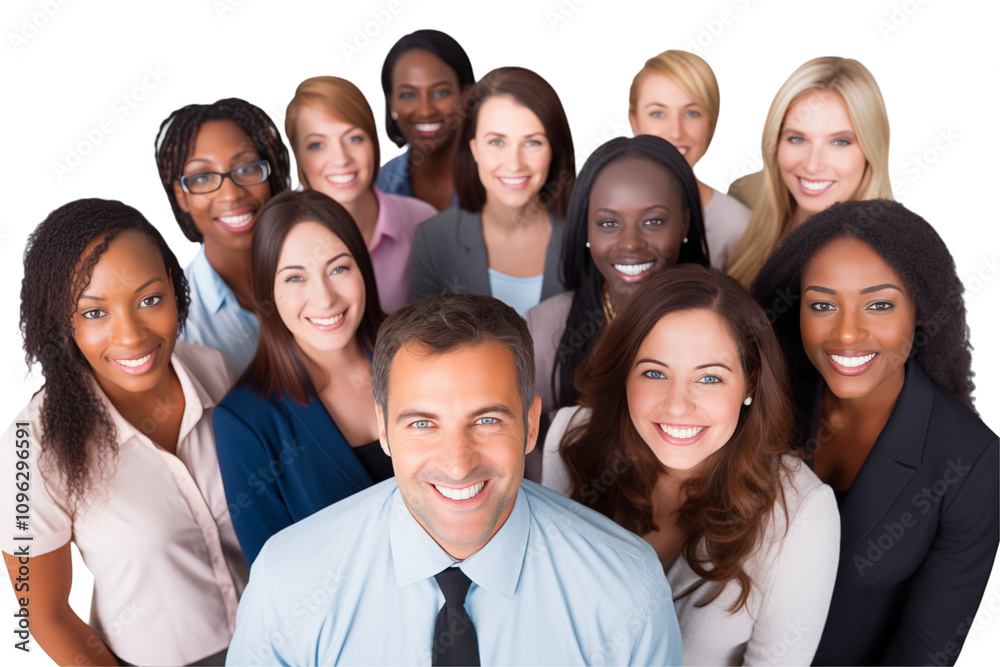 Group of smiling business interacial people in suits on transparent background. Groups of people in business attire. Rich man and women. Business leader. Startup boss. Isolated image. PNG cut out.