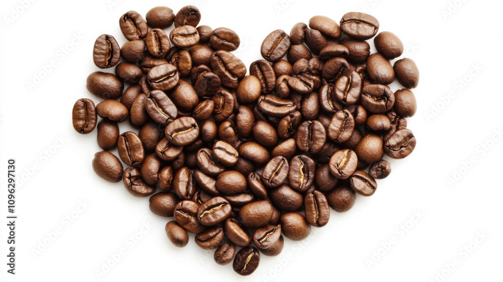 Rich brown coffee beans are neatly shaped into heart, symbolizing love for coffee. This artistic arrangement captures essence of passion for this beloved beverage