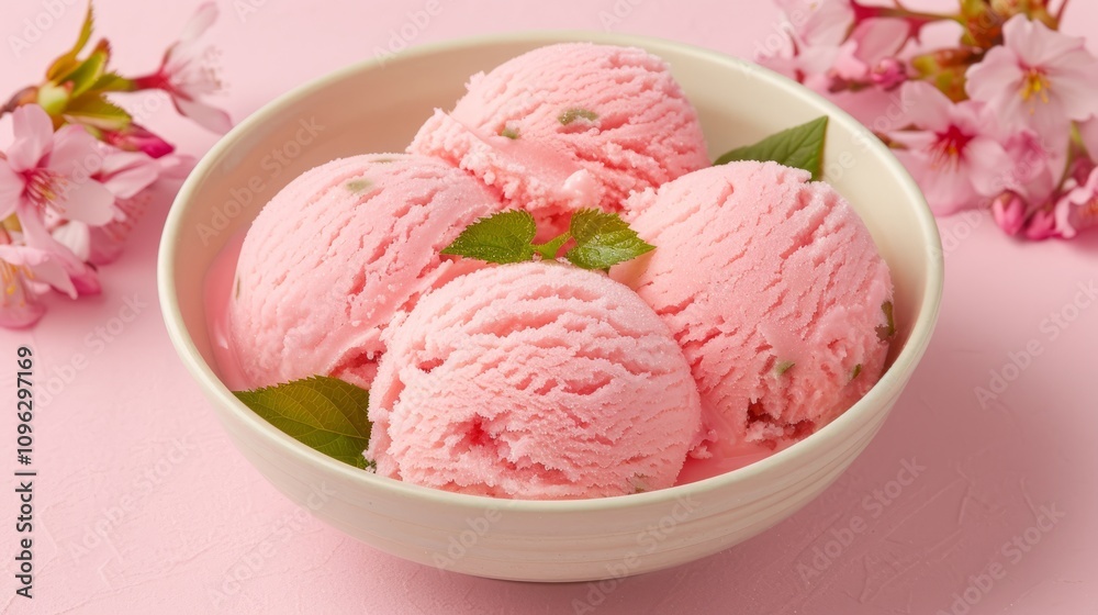 Pink ice cream scoops in a bowl with flowers.