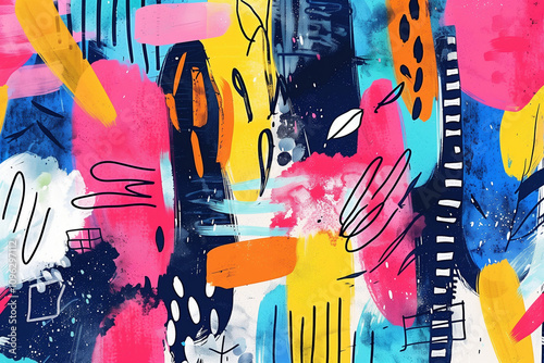 Hand-painted artistic collage in vivid primary colors, layered with abstract brushstrokes and whimsical doodles, ideal for bold poster designs. Generative AI tools