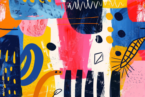 Hand-painted artistic collage in vivid primary colors, layered with abstract brushstrokes and whimsical doodles, ideal for bold poster designs. Generative AI tools