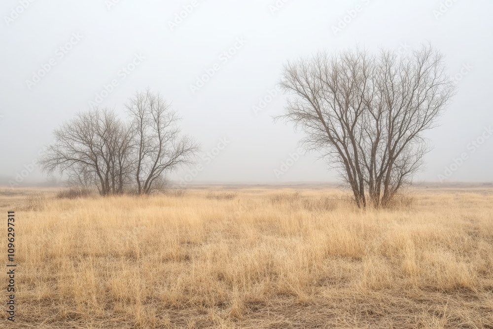 Serene Foggy Landscape with Bare Trees and Dry Grass in a Mysterious Atmosphere at Dawn, Enhancing the Tranquility of Nature's Beauty Serene Foggy Landscape with Bare Trees and Dry Grass in a Mysterious Atmosphere at Dawn, Enhancing the Tranquility of Nature's Beauty