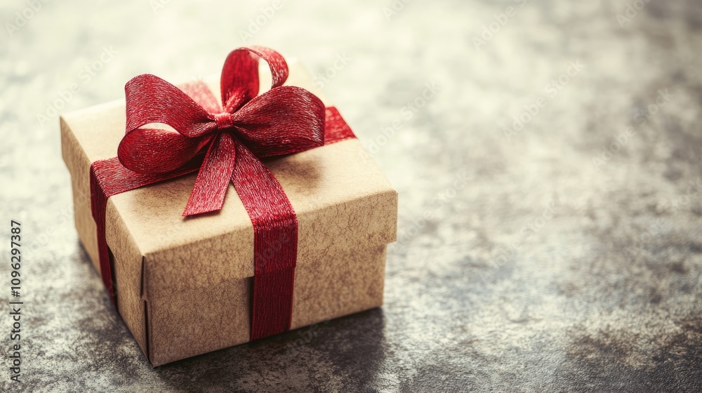 Charming gift box wrapped in kraft paper, featuring a vibrant red ribbon and bow, elegantly positioned on a subtle light background.