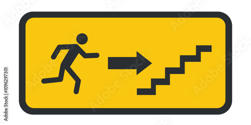 Emergency exit sign with figure running towards stairs and arrow direction.