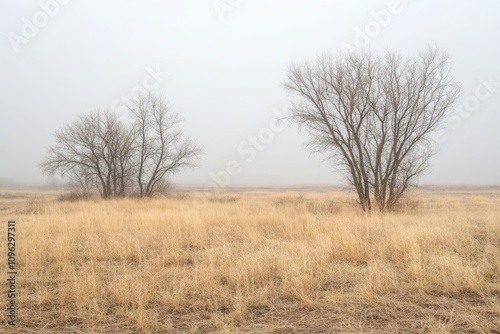 Serene Foggy Landscape with Bare Trees and Dry Grass in a Mysterious Atmosphere at Dawn, Enhancing the Tranquility of Nature's Beauty