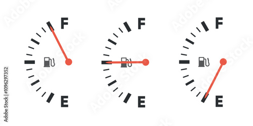Set of fuel gauge icons showing full, half, and empty levels. Flat style design isolated on white background.