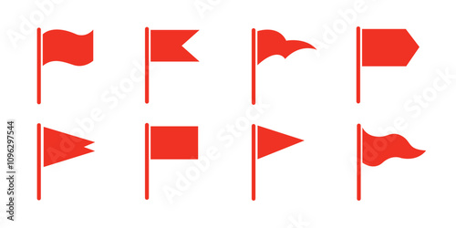 Set of eight red flag icons with various shapes. Flat style design isolated on white background.