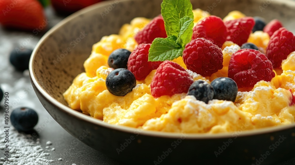 Scrumptious dessert mimicking scrambled eggs, topped with fresh raspberries and blueberries, served in a dark bowl with a mint sprig garnish.