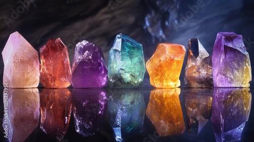 Colorful gemstones arranged neatly in a row on a glossy reflective surface with a dark, artistic background highlighting their brilliance and unique shapes.