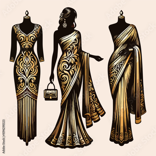 Elegant Modern Saree Silhouette Logo Design in Golden Gradient for Fashion Branding