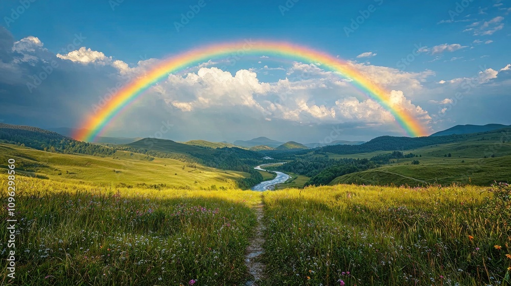 Naklejka premium Artistic Vibrant Rainbow Arching Over Cascading Hills with Lush Greenery and Clear Blue Sky, Capturing Nature's Beauty in Breathtaking Landscape