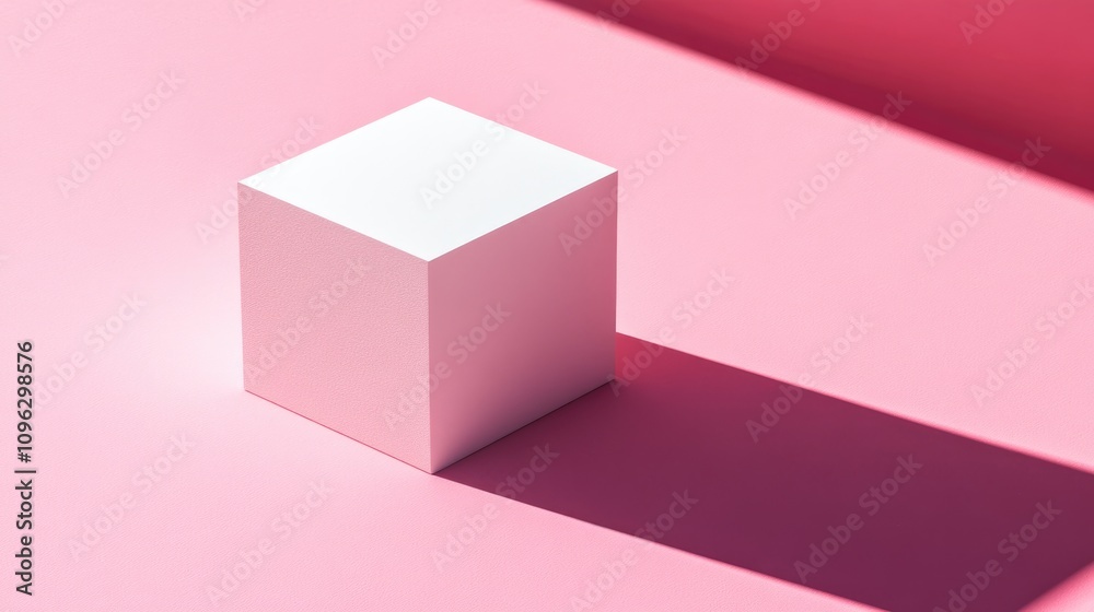 Minimalist white cube on a soft pink surface, creating striking shadow play, emphasizing simplicity and modern design aesthetics.