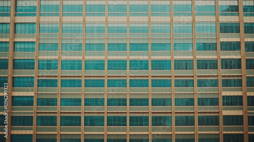 Facade of a tall commercial skyscraper featuring reflective glass windows and geometric patterns, perfect for a business-oriented backdrop.