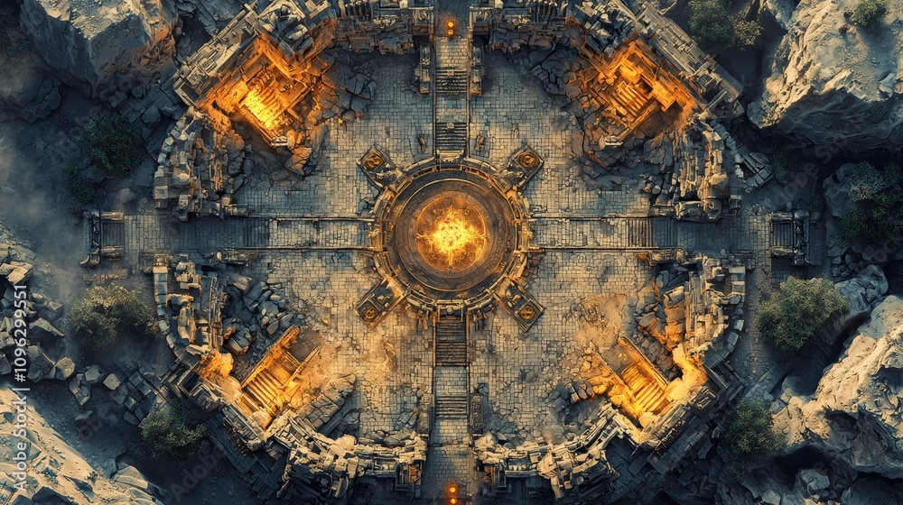 A mystical circular ancient stone ruin with glowing fiery core in its center, creating a captivating blend of mystery and wonder, ideal for fantasy settings. A mystical circular ancient stone ruin with glowing fiery core in its center, creating a captivating blend of mystery and wonder, ideal for fantasy settings.