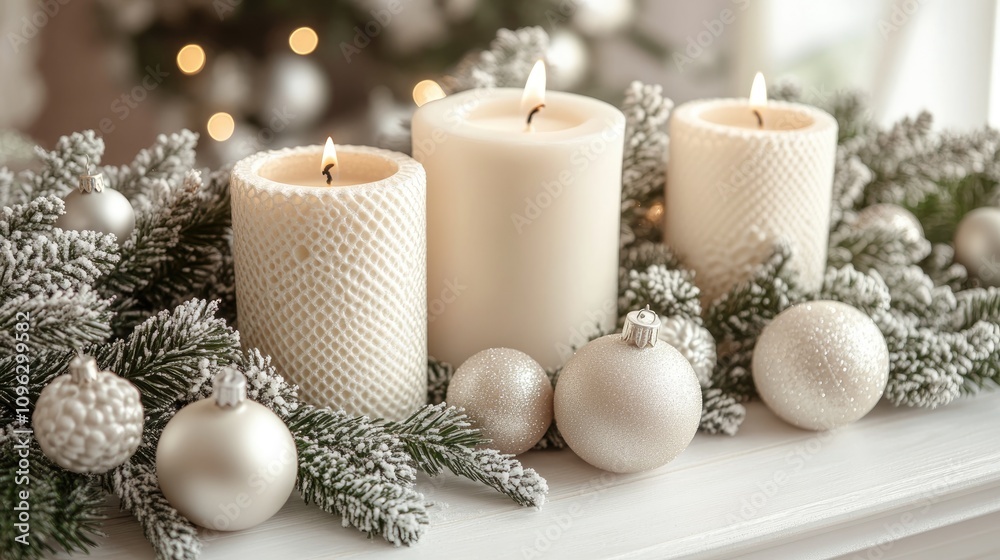 Festive Christmas scene showcasing elegant white candles surrounded by lush fir branches and sparkling silver ornaments on a pristine wooden surface. Festive Christmas scene showcasing elegant white candles surrounded by lush fir branches and sparkling silver ornaments on a pristine wooden surface.