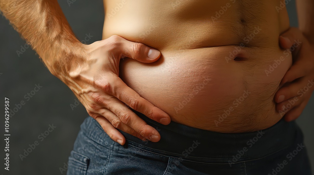 Male torso with hands on waist highlighting a bloated belly, symbolizing health, body awareness, or personal fitness concerns. Male torso with hands on waist highlighting a bloated belly, symbolizing health, body awareness, or personal fitness concerns.