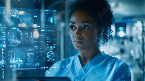 A healthcare worker in scrubs is intently reviewing patient data on a digital tablet, showcasing their professionalism and dedication to providing quality care. The image emphasizes the role of techno