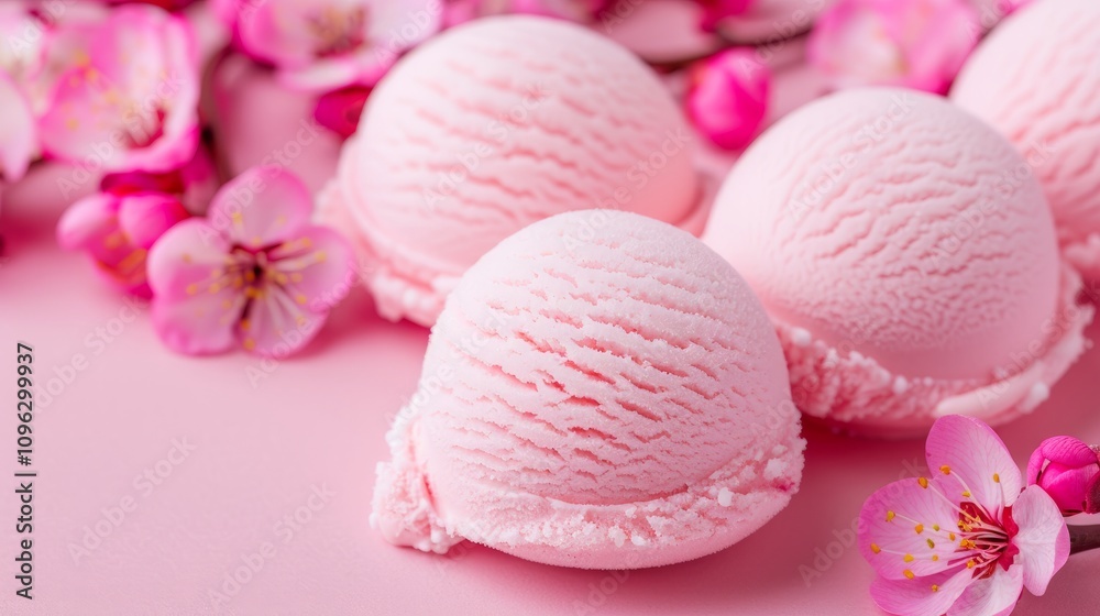 Pink ice cream scoops surrounded by blossoms. Pink ice cream scoops surrounded by blossoms.